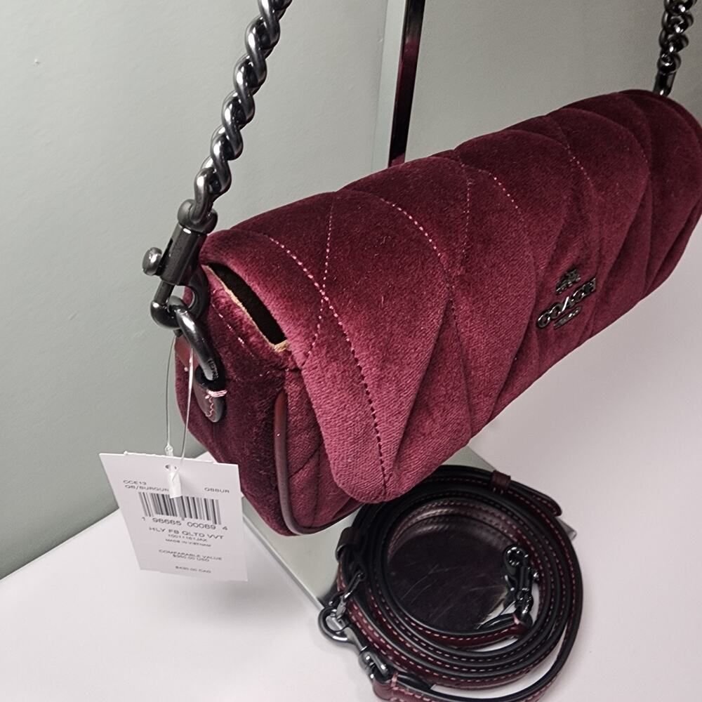 NWT COACH CCE13 Hailey Flap Bag Velvet Organic Cotton With Quilting Burgundy - Picture 4 of 5